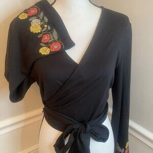 Black Tie Front Blouse size Medium With Bell sleeves embroidered